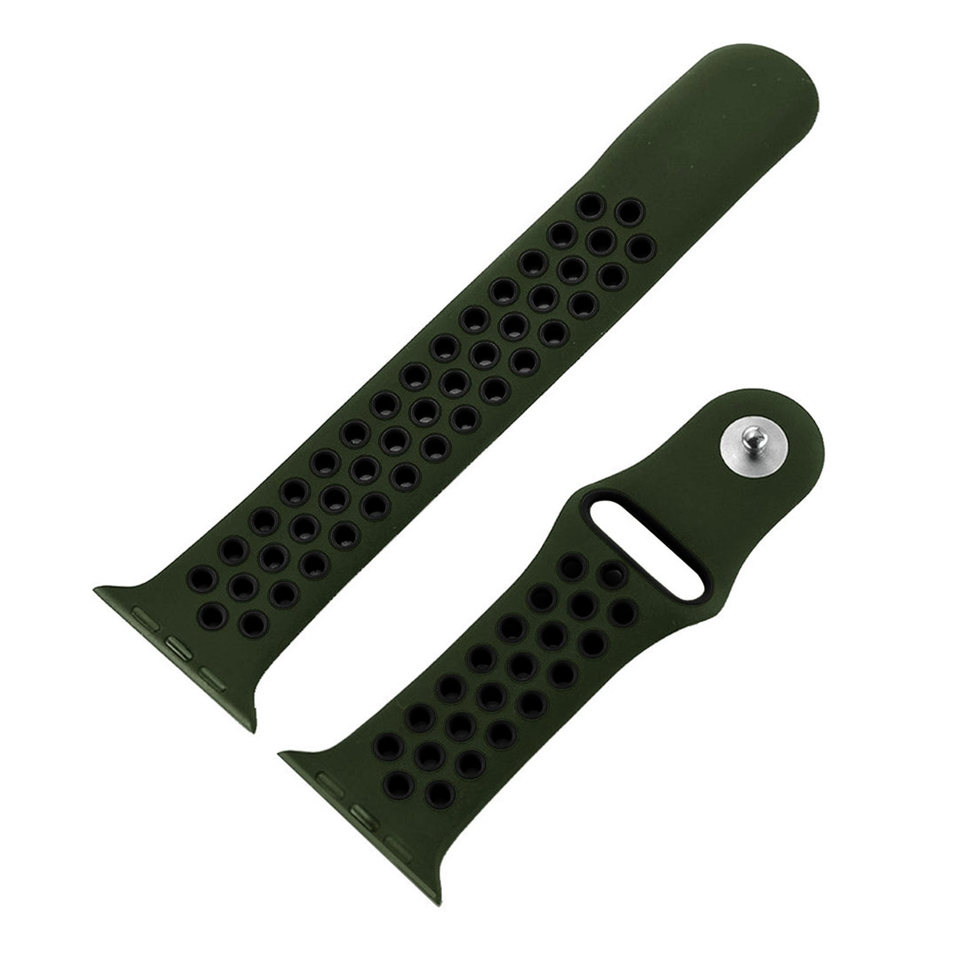 Dual tone silicone Apple Watch strap in Black and Red, size 38mm, shown in detached parts view
