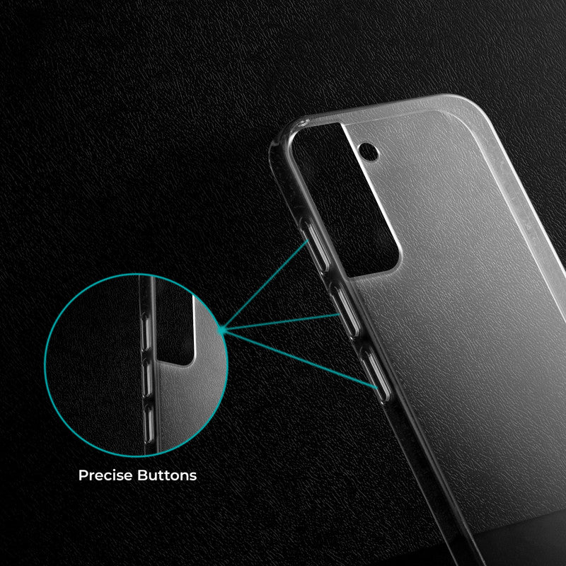Close-up view of transparent case showing precise button cutouts and responsive side button coverage for Samsung S22 5G