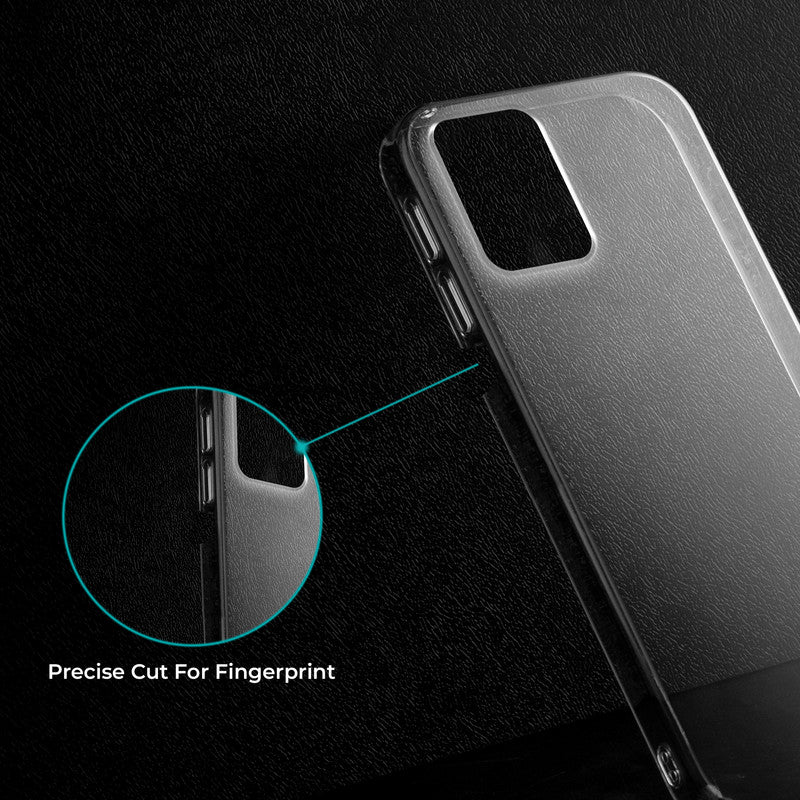 Close-up view of transparent case showing precise button cutouts and responsive side button coverage for Motorola Moto G53 5G