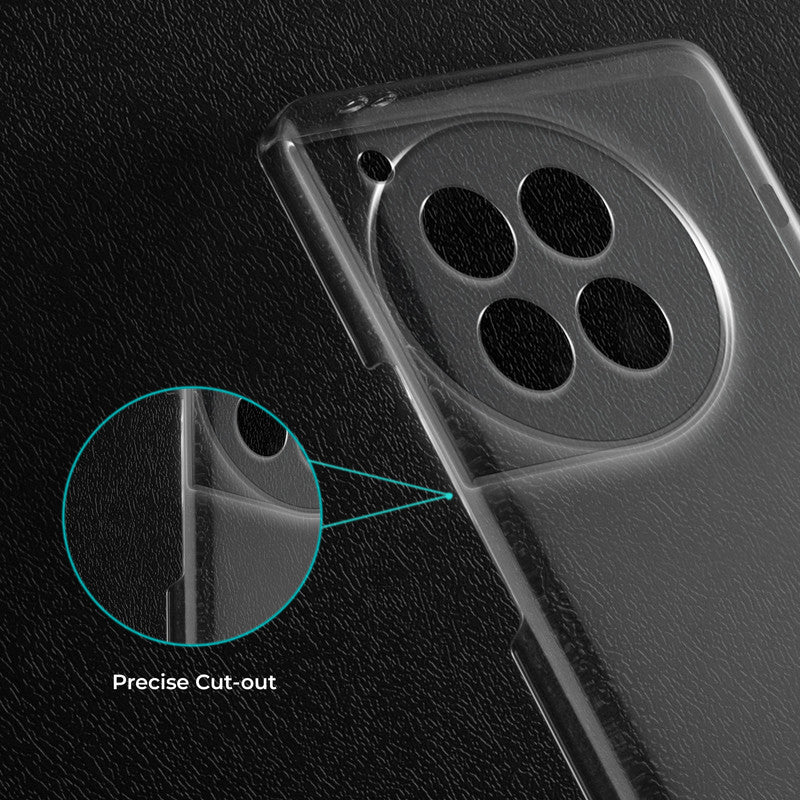 Close-up view of transparent case showing precise button cutouts and responsive side button coverage for OnePlus 12R 5G