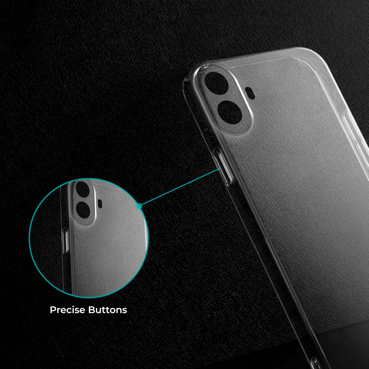 Close-up view of transparent case showing precise button cutouts and responsive side button coverage for CMF Nothing Phone 1