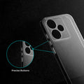Close-up view of transparent case showing precise button cutouts and responsive side button coverage for Realme GT 7T 5G