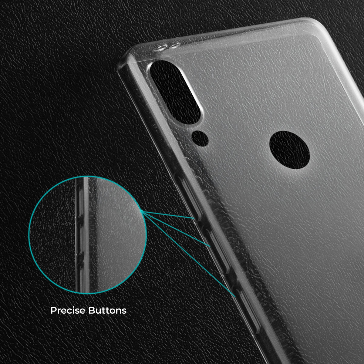 Close-up view of transparent case showing precise button cutouts and responsive side button coverage for Redmi Note 7 Pro
