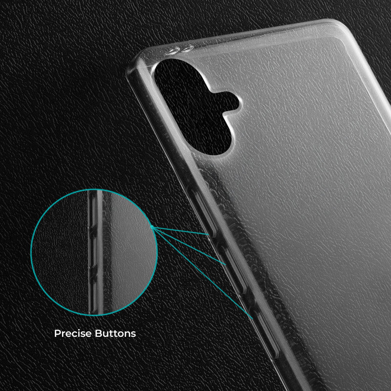 Close-up view of transparent case showing precise button cutouts and responsive side button coverage for Samsung M04