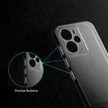 Close-up view of transparent case showing precise button cutouts and responsive side button coverage for Realme 14 5G