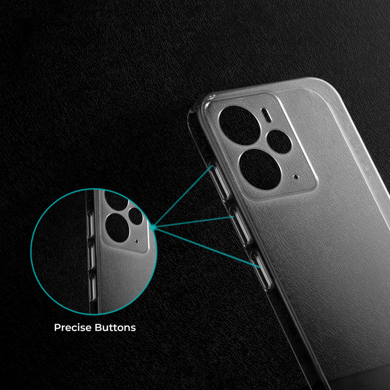 Close-up view of transparent case showing precise button cutouts and responsive side button coverage for Realme 14 5G