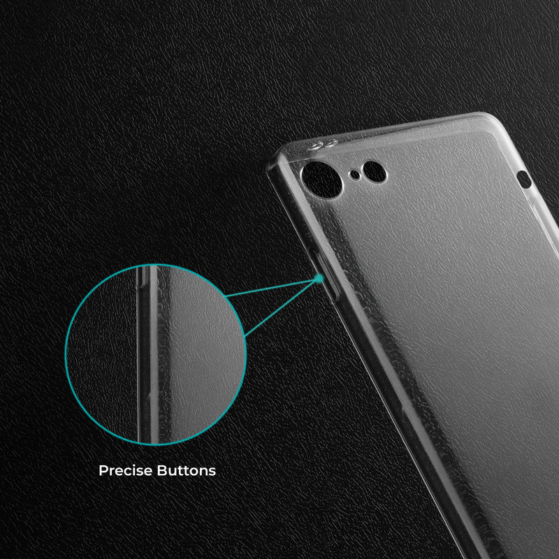Close-up view of transparent case showing precise button cutouts and responsive side button coverage for Apple iPhone 8
