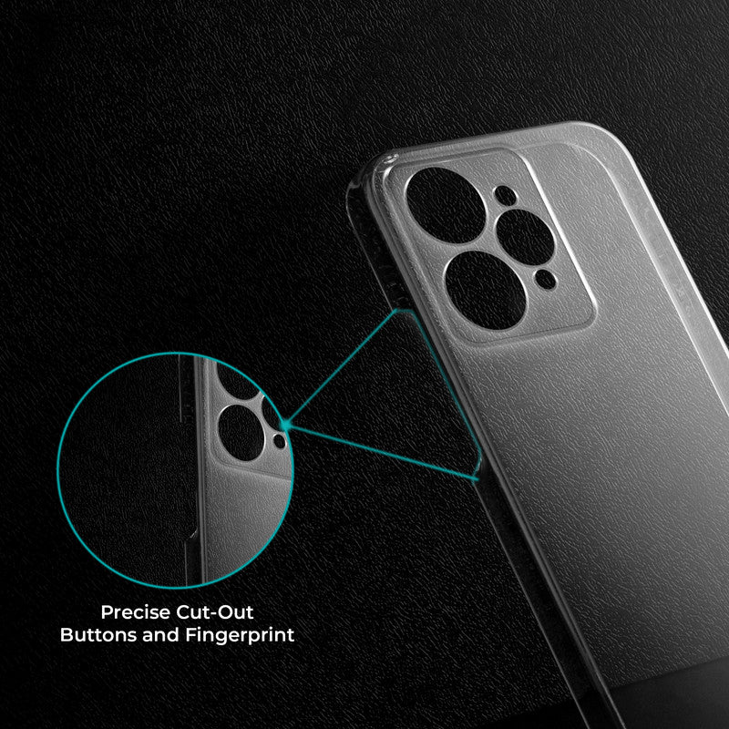 Close-up view of transparent case showing precise button cutouts and responsive side button coverage for Realme 15 5G