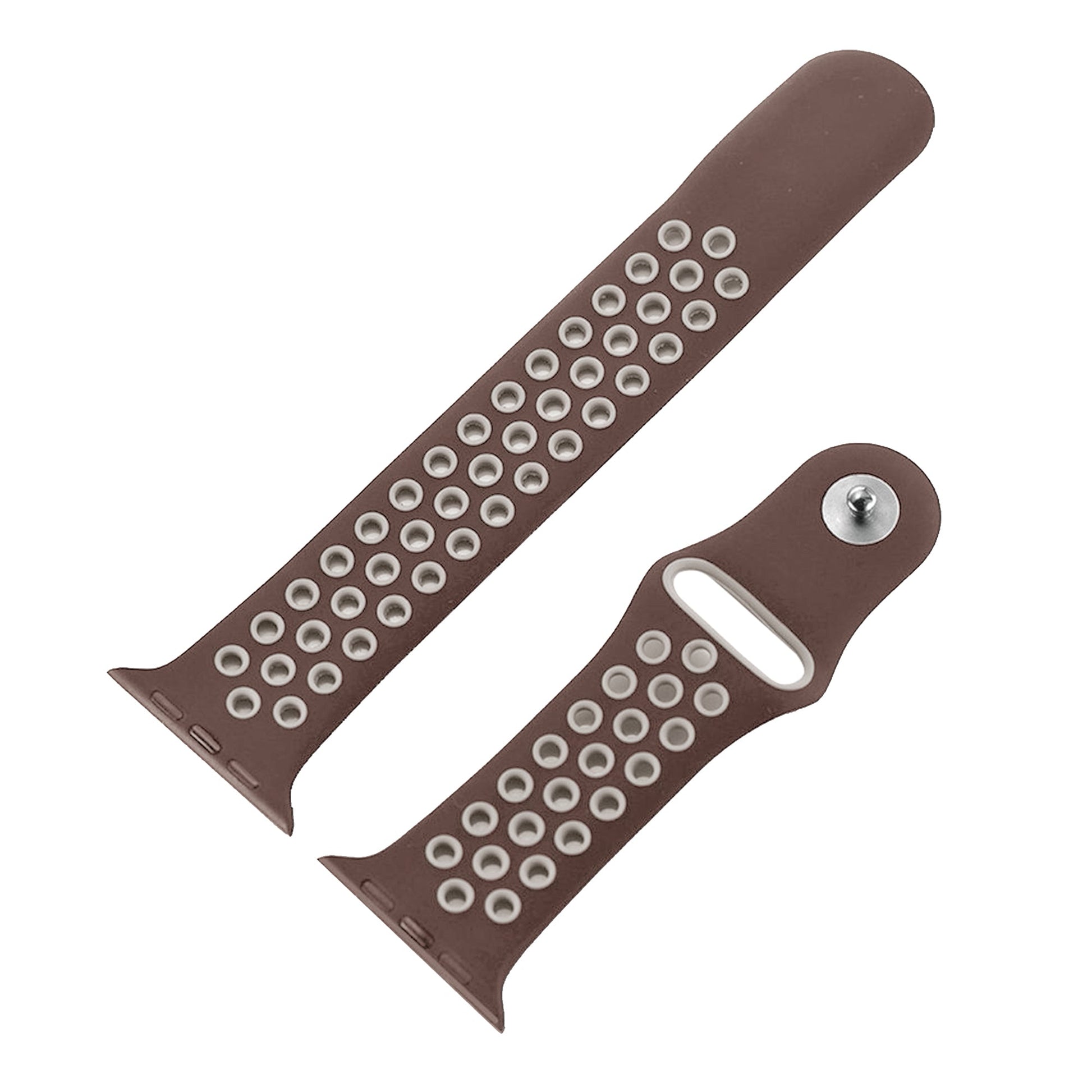 Dual tone silicone Apple Watch strap in Brown Cream, size 42mm, shown in detached parts view