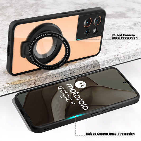 Transparent Back Cover with Silicone frame Matte Ring Holder Kickstand Case For Motorola Moto Edge 50 5G