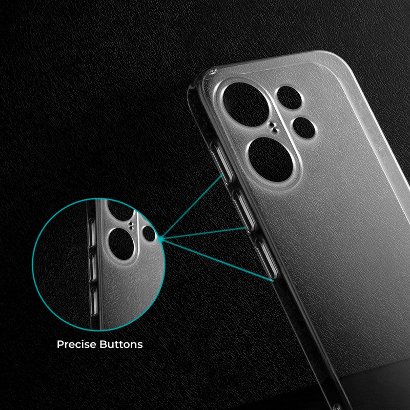 Close-up view of transparent case showing precise button cutouts and responsive side button coverage for Vivo X200 FE 5G