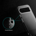 Close-up view of transparent case showing precise button cutouts and responsive side button coverage for Google Pixel 10 Pro 5G