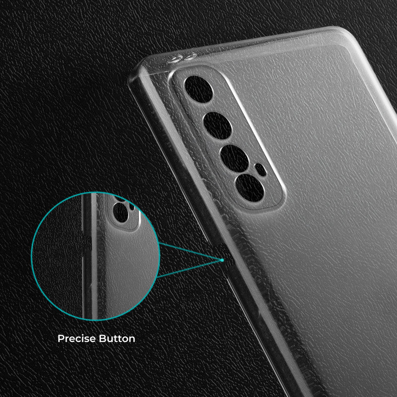 Close-up view of transparent case showing precise button cutouts and responsive side button coverage for Realme 7