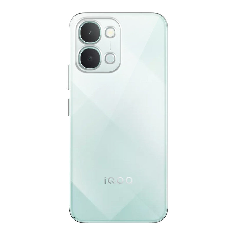 Back view of iQOO Z11x 5G showing camera module and clean rear design with protective case