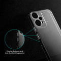 Close-up view of transparent case showing precise button cutouts and responsive side button coverage for Poco F5 5G