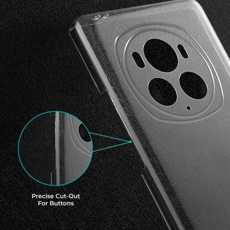 Close-up view of transparent case showing precise button cutouts and responsive side button coverage for Honor Magic 6 Pro