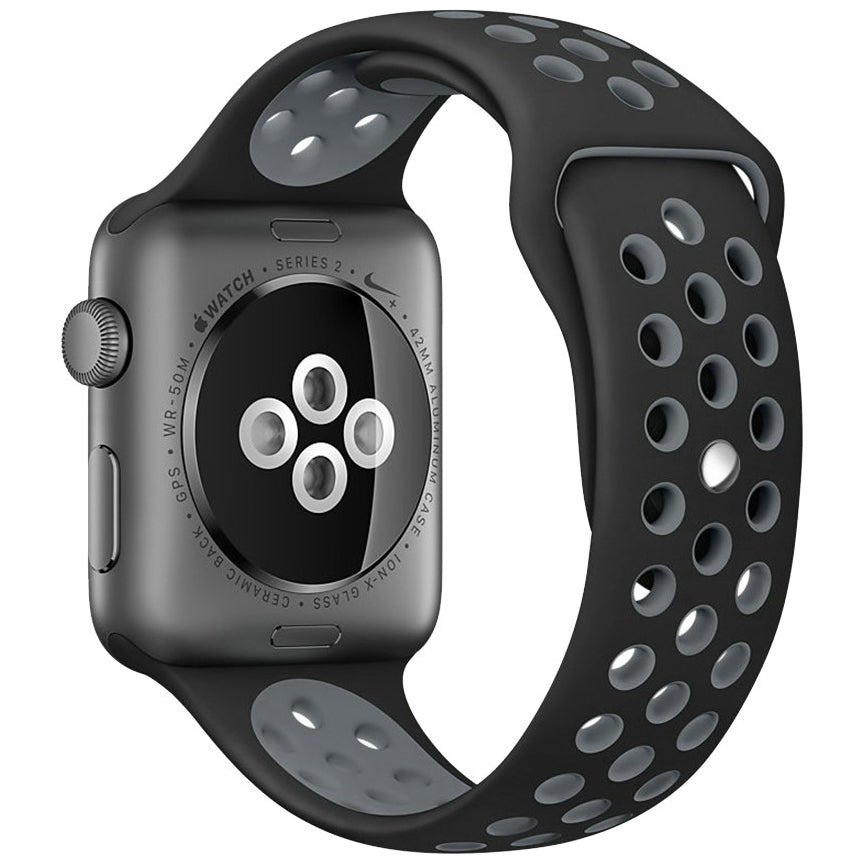 dualtone Silicone strap in Black and Grey, size 42mm, attached to Apple Watch back sensor view
