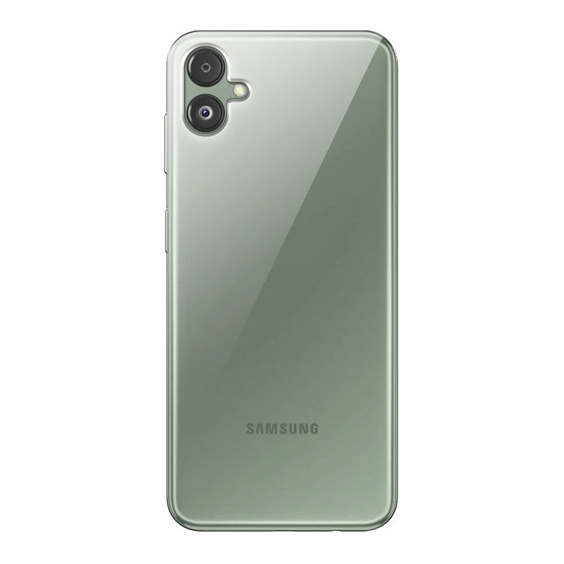 Back view of Samsung M04 showing camera module and clean rear design with protective case