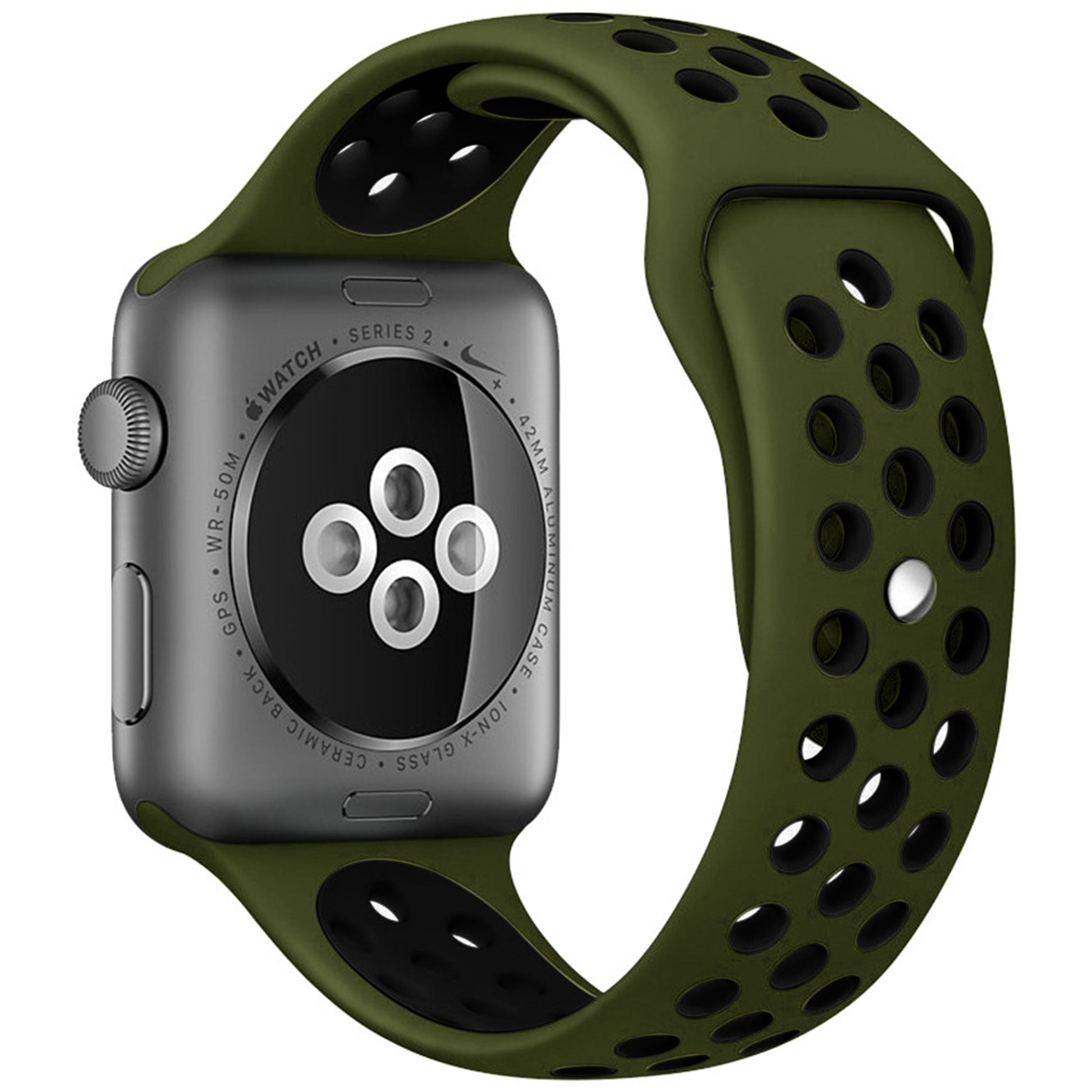 dualtone Silicone strap in Green and Black, size 42mm, attached to Apple Watch back sensor view