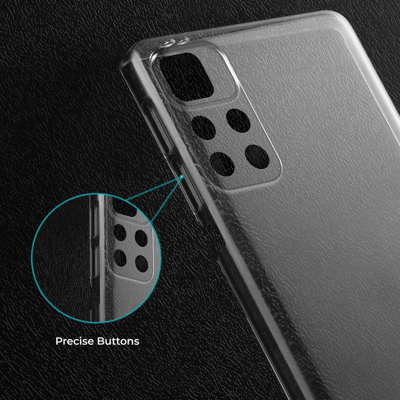 Close-up view of transparent case showing precise button cutouts and responsive side button coverage for Poco M4 Pro 5G