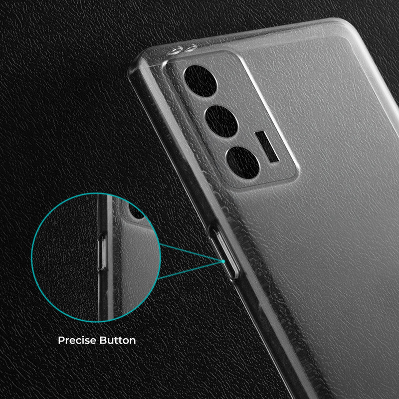 Close-up view of transparent case showing precise button cutouts and responsive side button coverage for Realme GT 5G