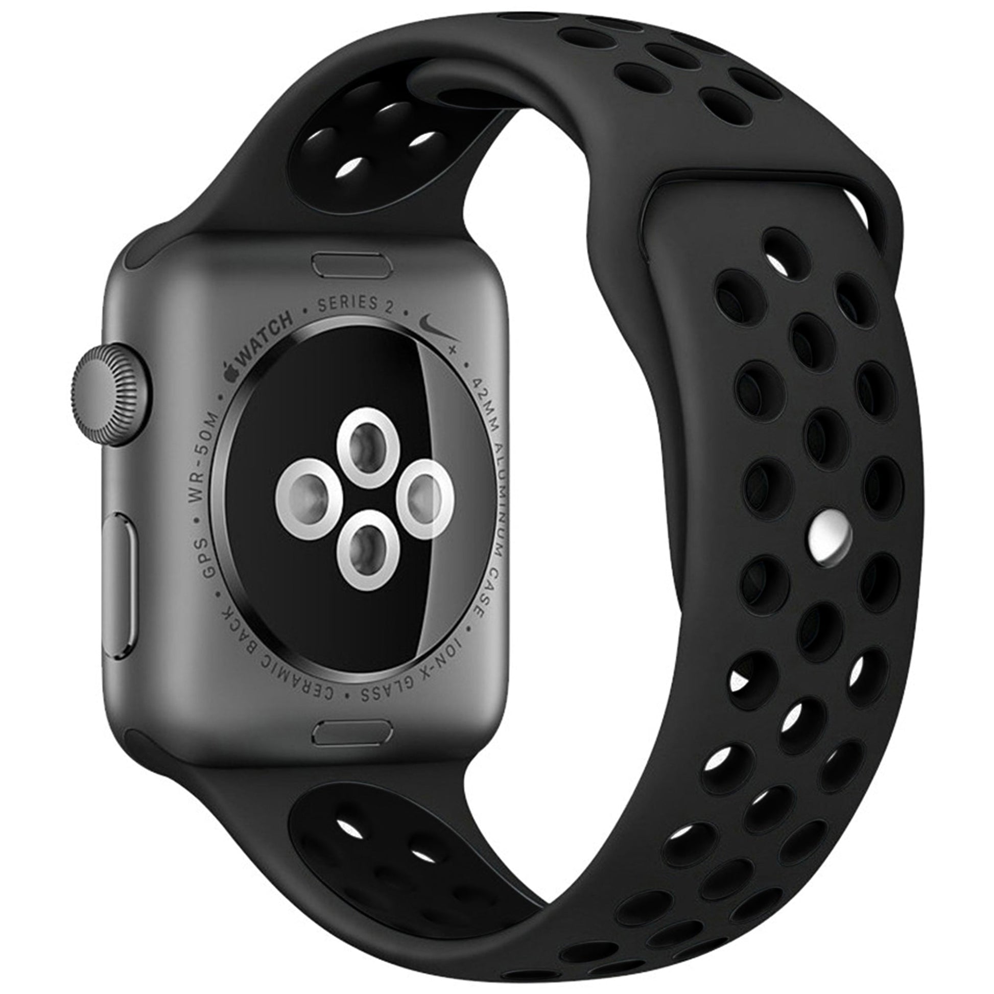 dualtone Silicone strap in Black and Blue, size 38mm, attached to Apple Watch back sensor view