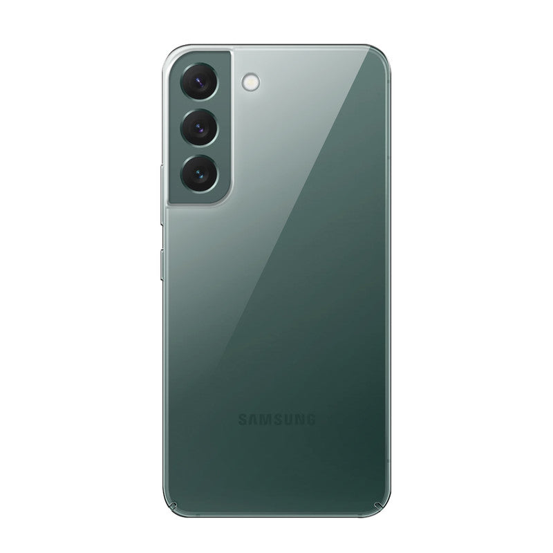 Back view of Samsung S22 5G showing camera module and clean rear design with protective case
