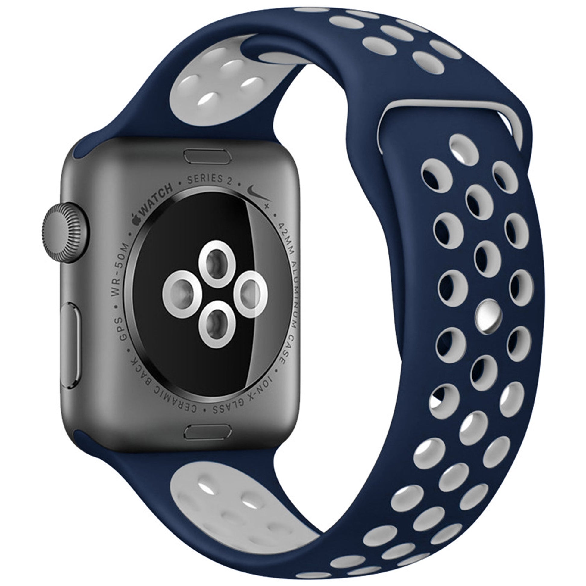 dualtone Silicone strap in Orange and Grey, size 42mm, attached to Apple Watch back sensor view