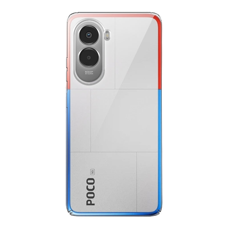 Back view of Poco M7 Plus 5G showing camera module and clean rear design with protective case