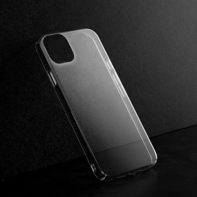 Crystal clear anti-yellow hard back case for Apple iPhone 15 Plus placed on surface showing slim profile and precise camera cutouts