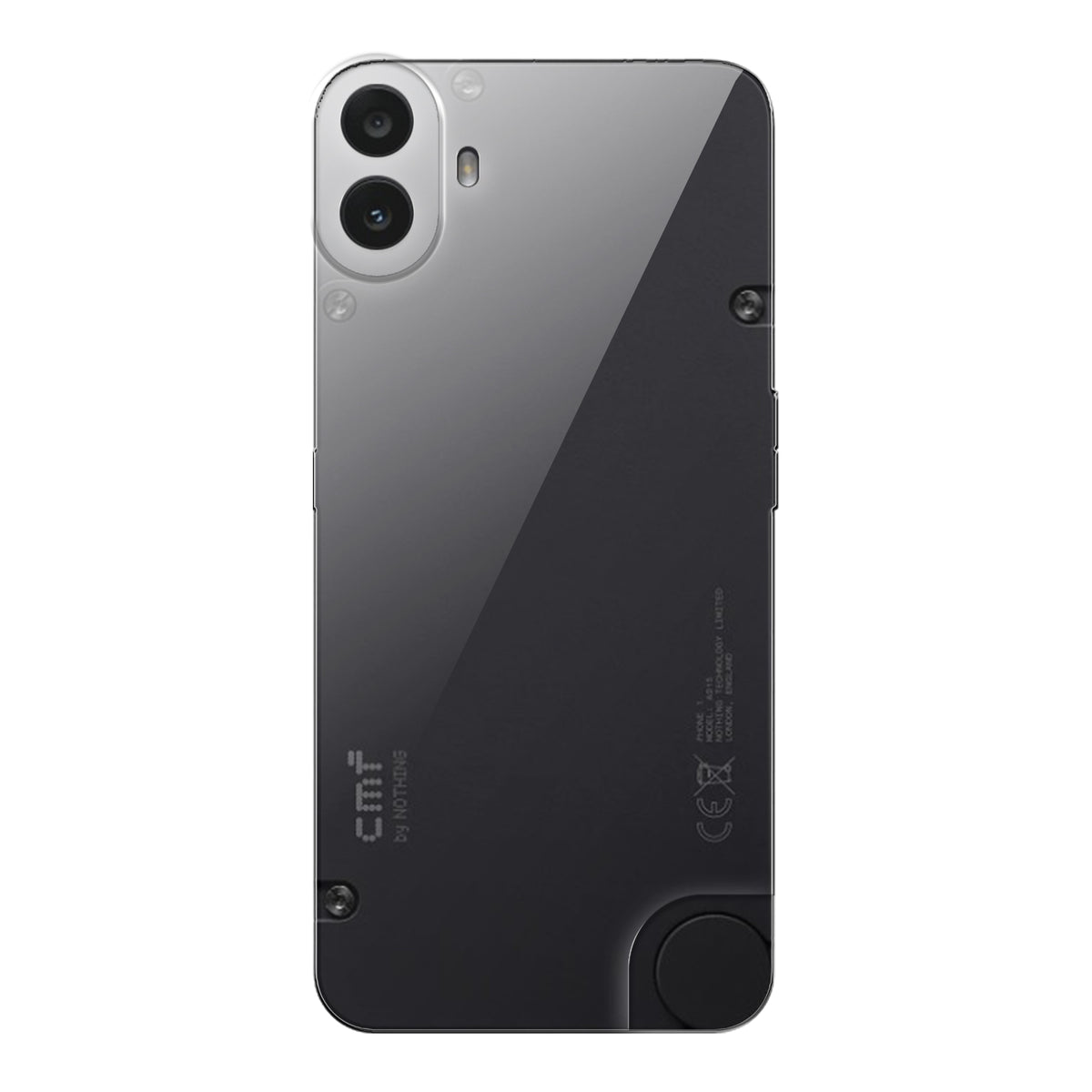 Back view of CMF Nothing Phone 1 showing camera module and clean rear design with protective case