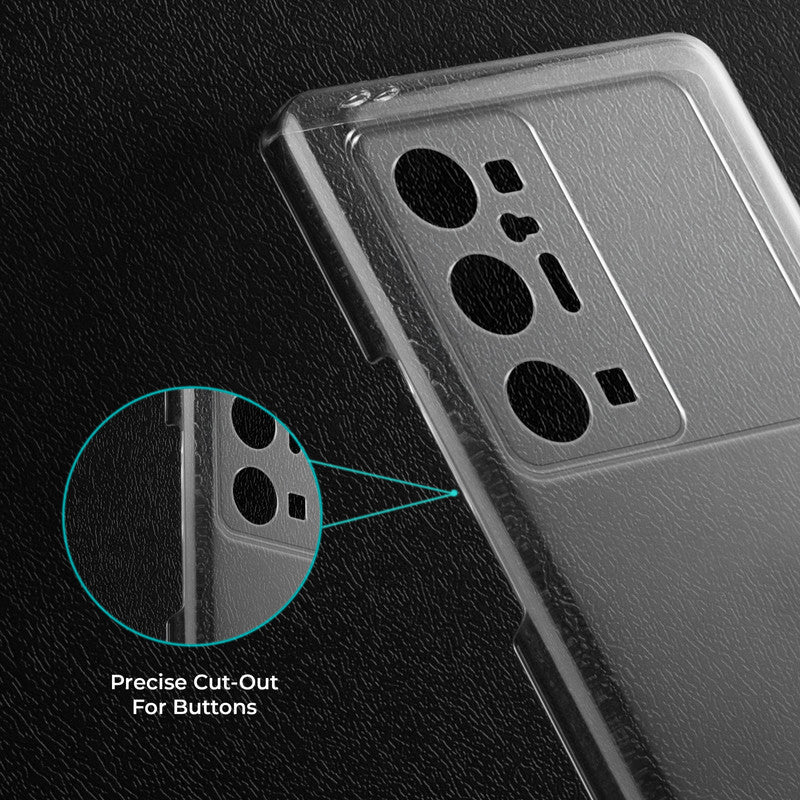 Close-up view of transparent case showing precise button cutouts and responsive side button coverage for Vivo X70 Pro Plus 5G