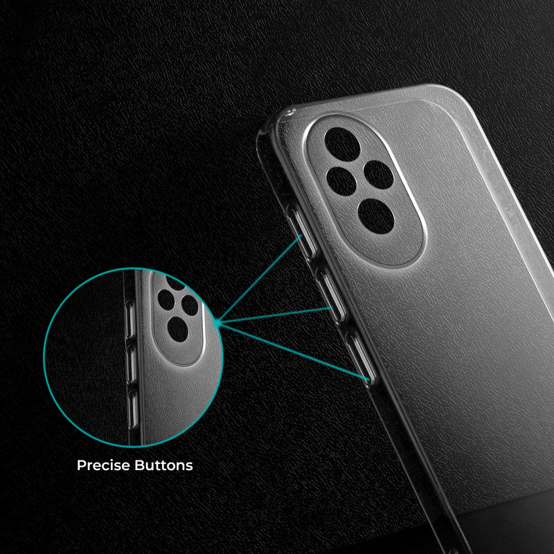Close-up view of transparent case showing precise button cutouts and responsive side button coverage for Honor 200 5G