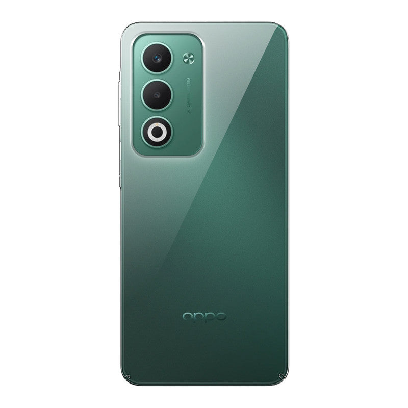 Back view of Oppo A5 5G showing camera module and clean rear design with protective case