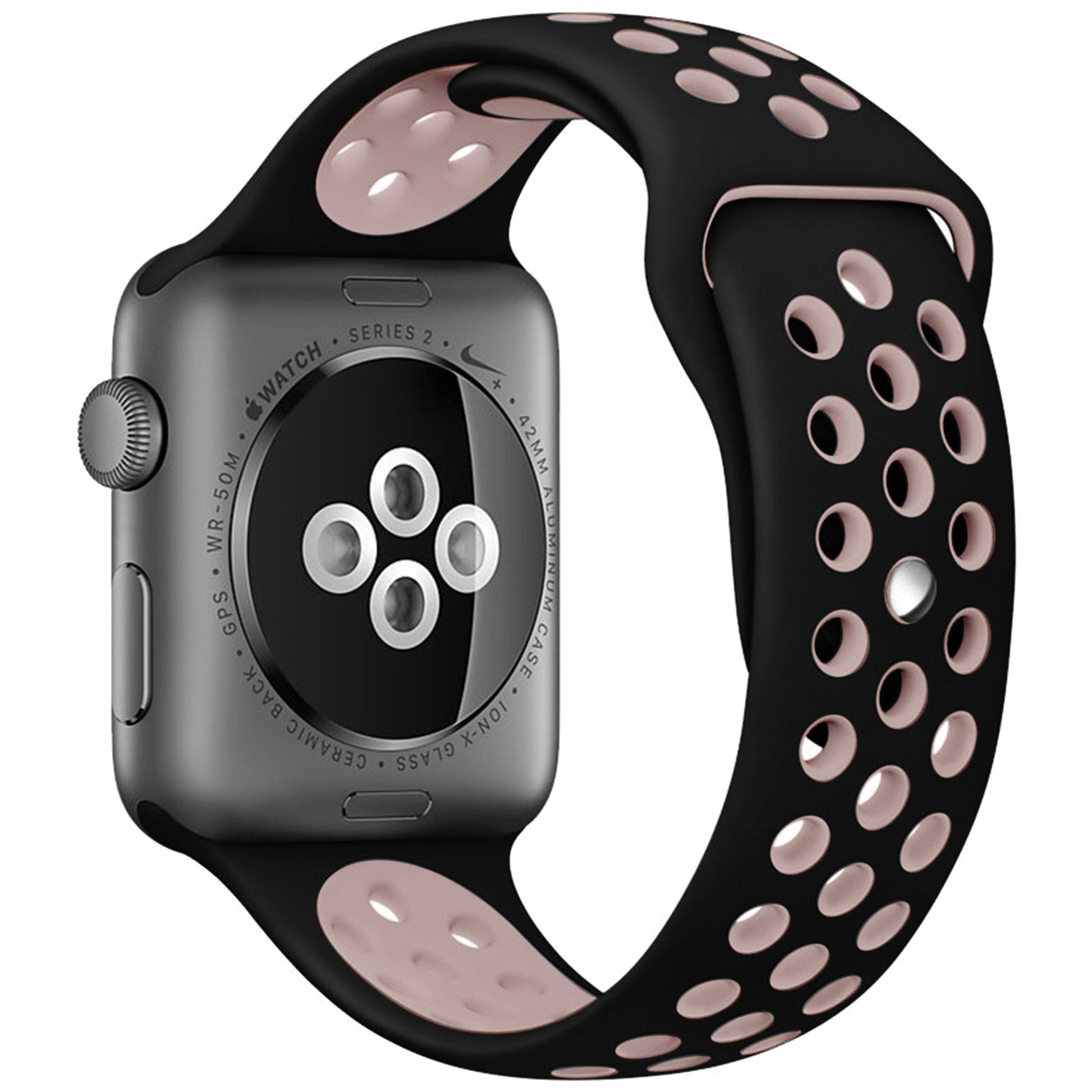dualtone Silicone strap in Black and Pink, size 42mm, attached to Apple Watch back sensor view