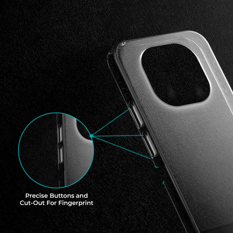 Close-up view of transparent case showing precise button cutouts and responsive side button coverage for Realme C63 5G