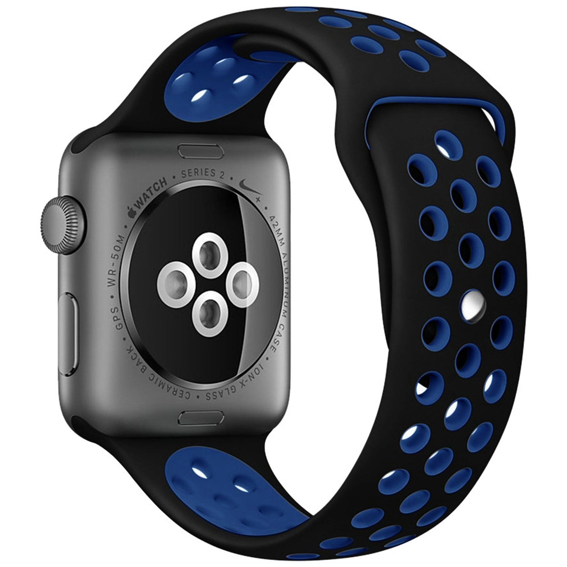 dualtone Silicone strap in Black and Blue, size 42mm, attached to Apple Watch back sensor view