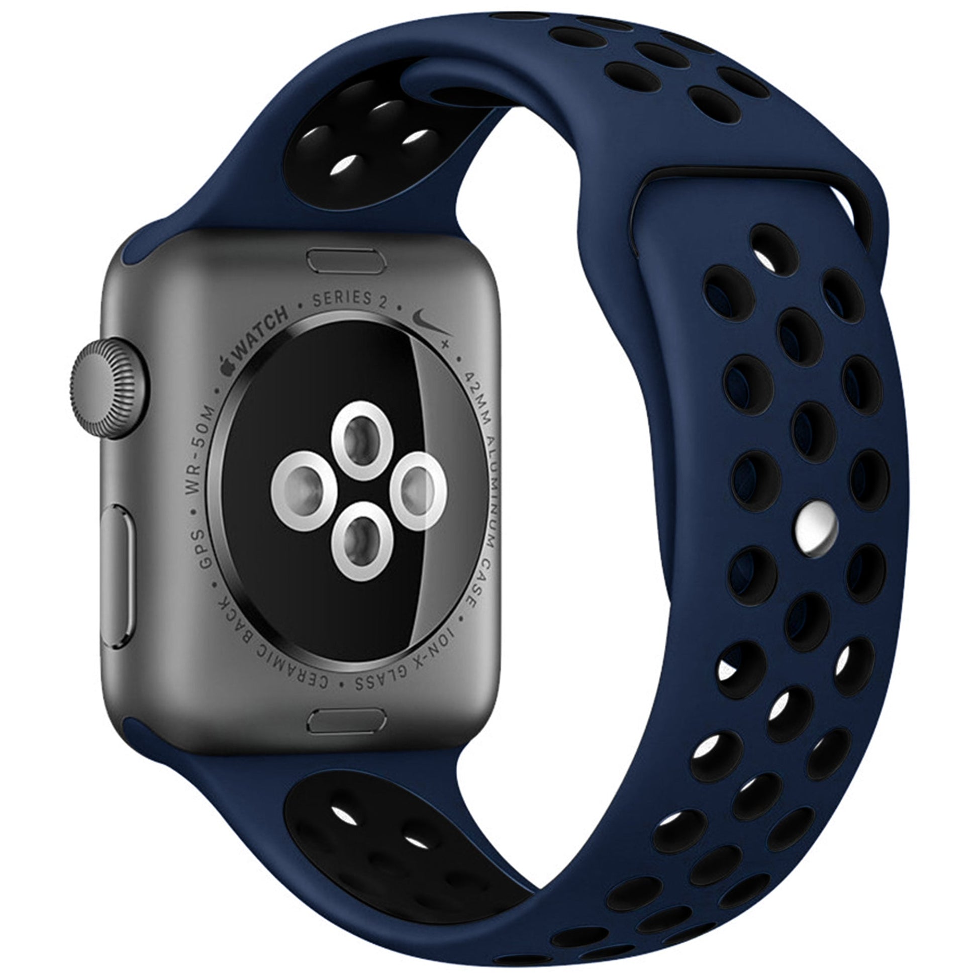 dualtone Silicone strap in Black and Pink, size 38mm, attached to Apple Watch back sensor view