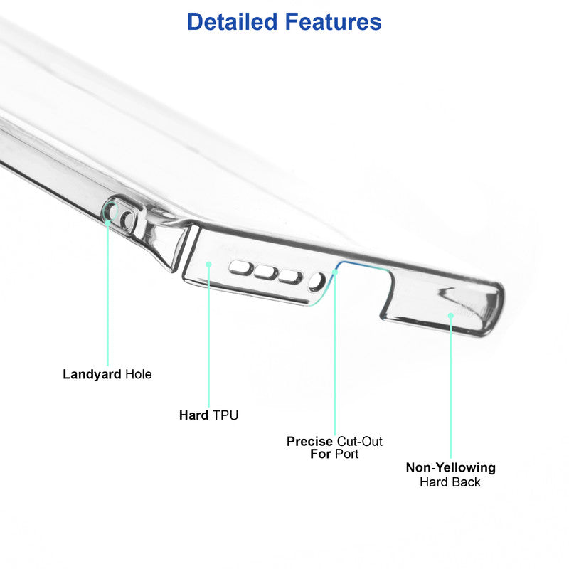 Side profile of clear hard back case highlighting lanyard hole, hard TPU edges, precise port cut-outs and non-yellowing back panel for Samsung M47 5G