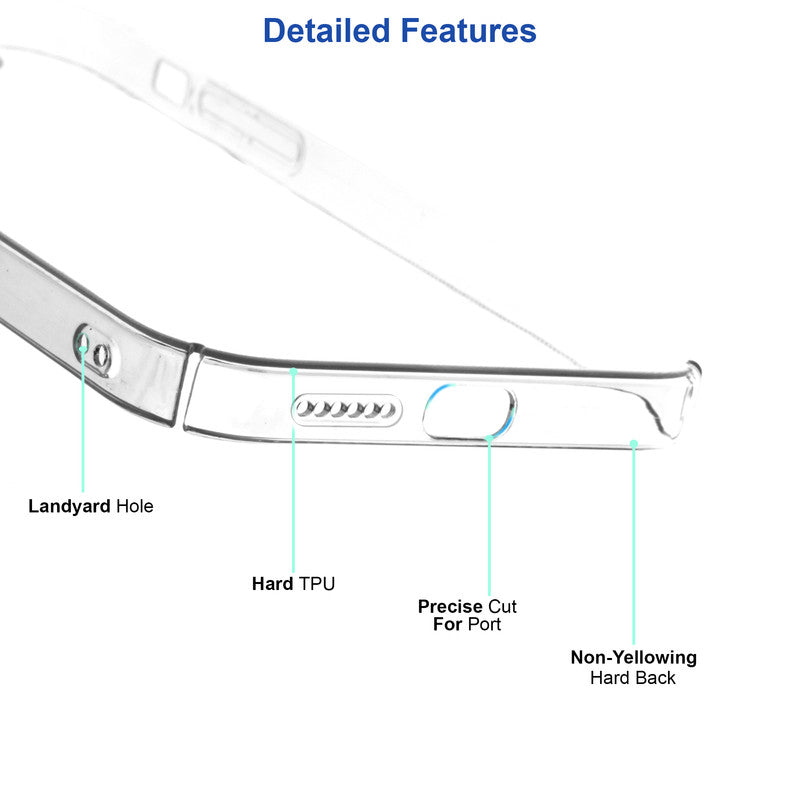 Side profile of clear hard back case highlighting lanyard hole, hard TPU edges, precise port cut-outs and non-yellowing back panel for Samsung S26 Plus 5G
