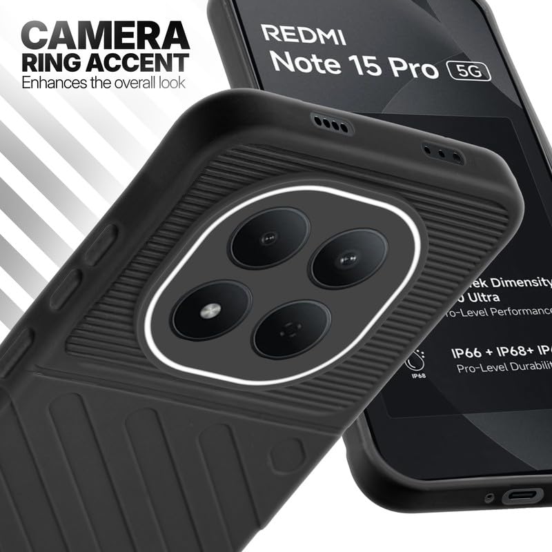 Redmi Note 15 Pro 5G Black silicone case with raised camera ring for extra lens protection and stylish look