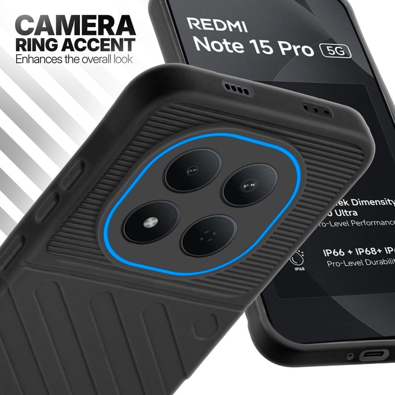 Redmi Note 15 Pro 5G Black silicone case with raised camera ring for extra lens protection and stylish look