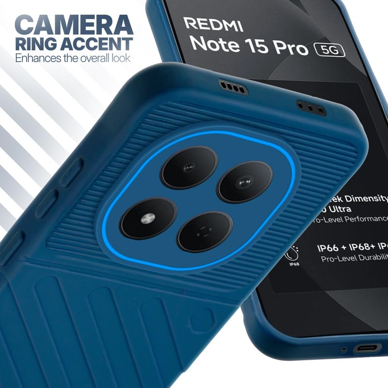 Redmi Note 15 Pro 5G blue silicone case with raised camera ring for extra lens protection and stylish look