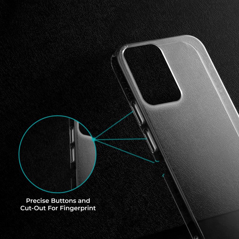 Close-up view of transparent case showing precise button cutouts and responsive side button coverage for Motorola Moto G05