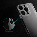 Close-up view of transparent case showing precise button cutouts and responsive side button coverage for Apple iPhone 16 Pro Max