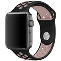 Silicone Apple Watch strap in Black and Pink, size 42mm, showing Strap closure and side angle view