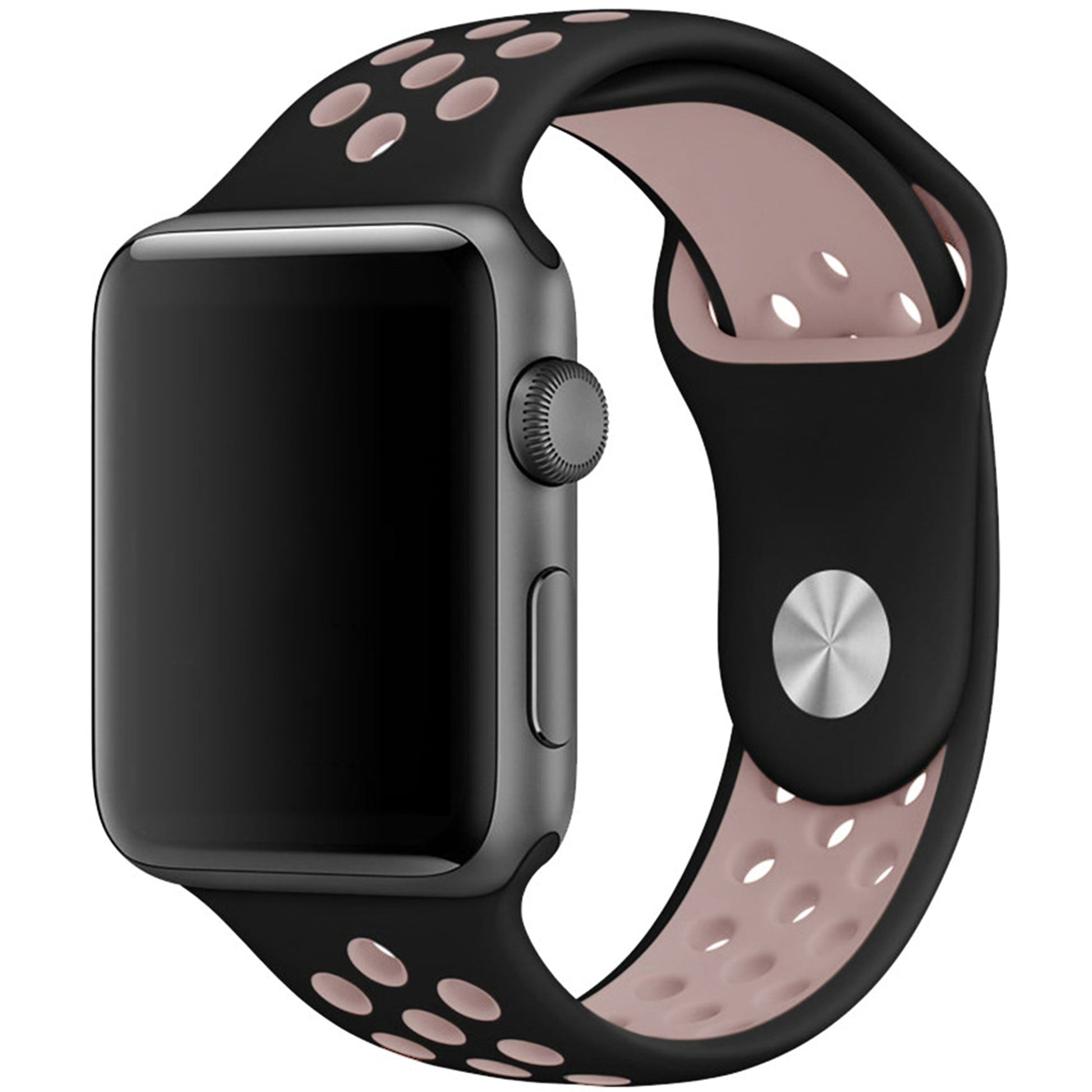 Silicone Apple Watch strap in Black and Pink, size 42mm, showing Strap closure and side angle view