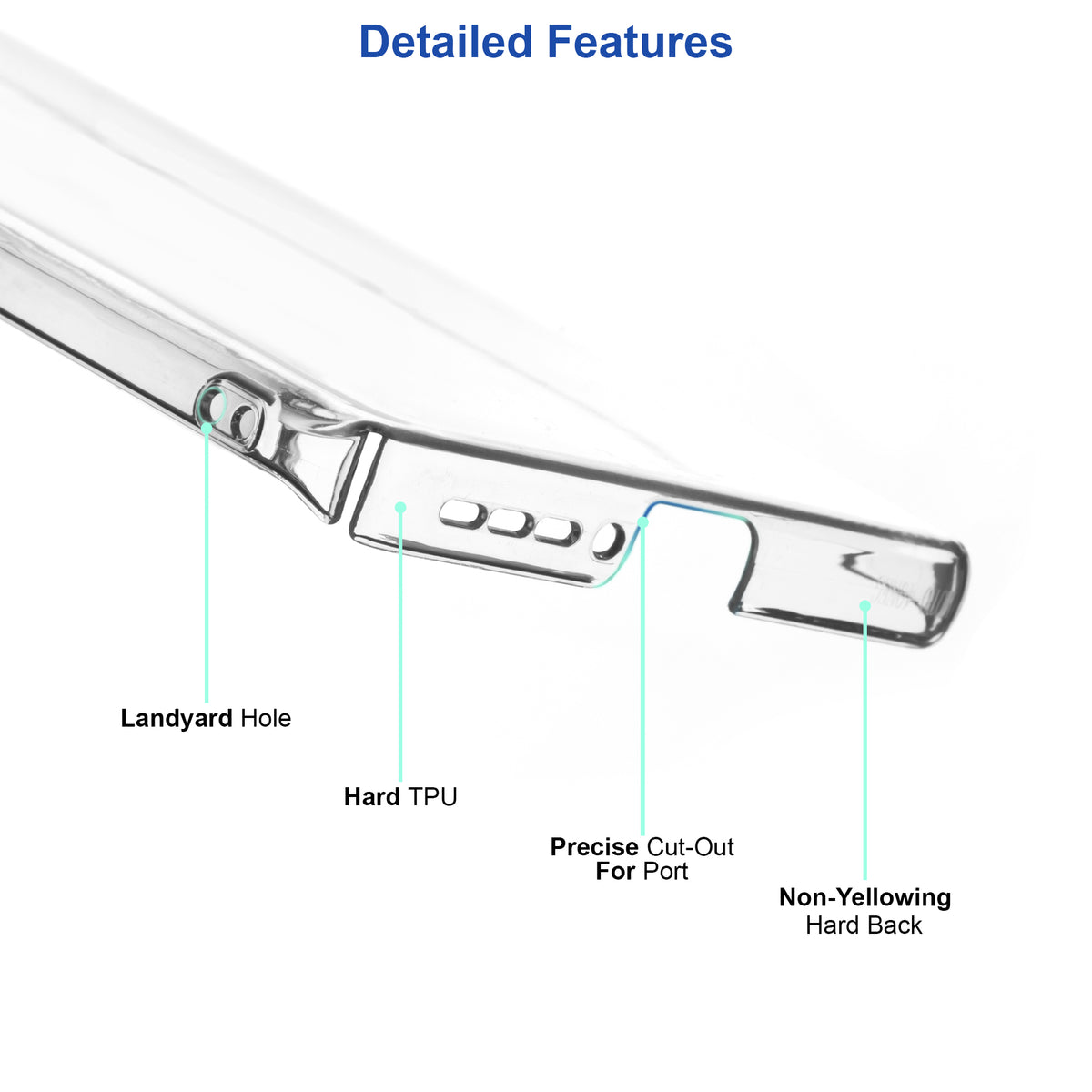 Side profile of clear hard back case highlighting lanyard hole, hard TPU edges, precise port cut-outs and non-yellowing back panel for Redmi Note 13 Pro 5G