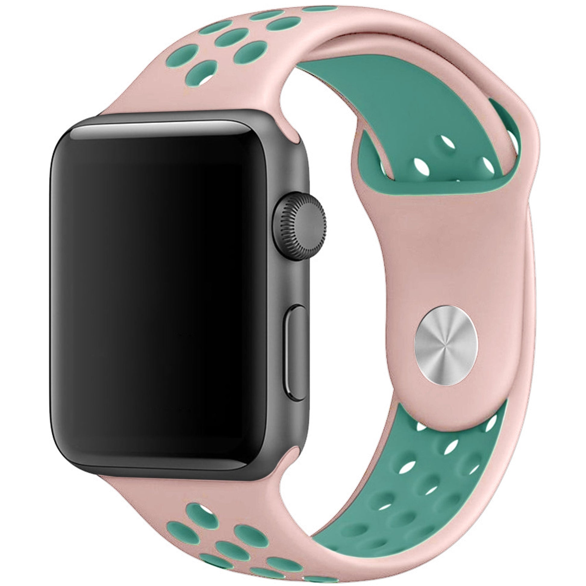 Silicone Apple Watch strap in Red and Black, size 42mm, showing Strap closure and side angle view