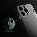 Close-up view of transparent case showing precise button cutouts and responsive side button coverage for Apple iPhone 14 Pro Max